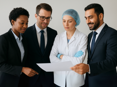 Food safety consultants reviewing ISO and HACCP compliance documents with client team